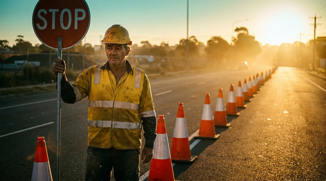 A Sydney traffic controller holding a stop-slow bat at a dawn roadworks closure, the first job a new traffic control ticket holder works