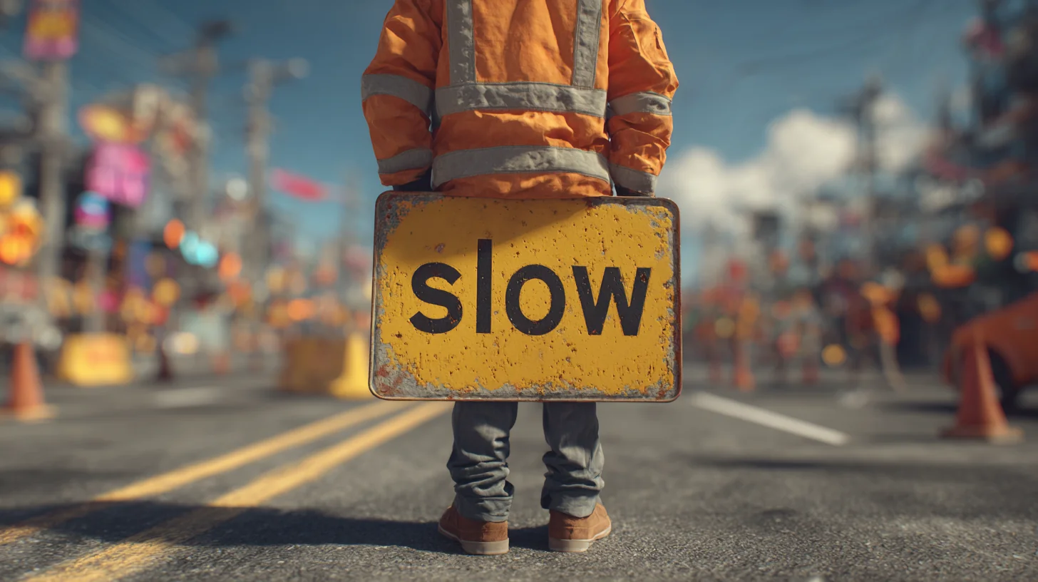 A traffic controller holding a slow sign at a Sydney street work site, owning a defined position and standard for the whole shift
