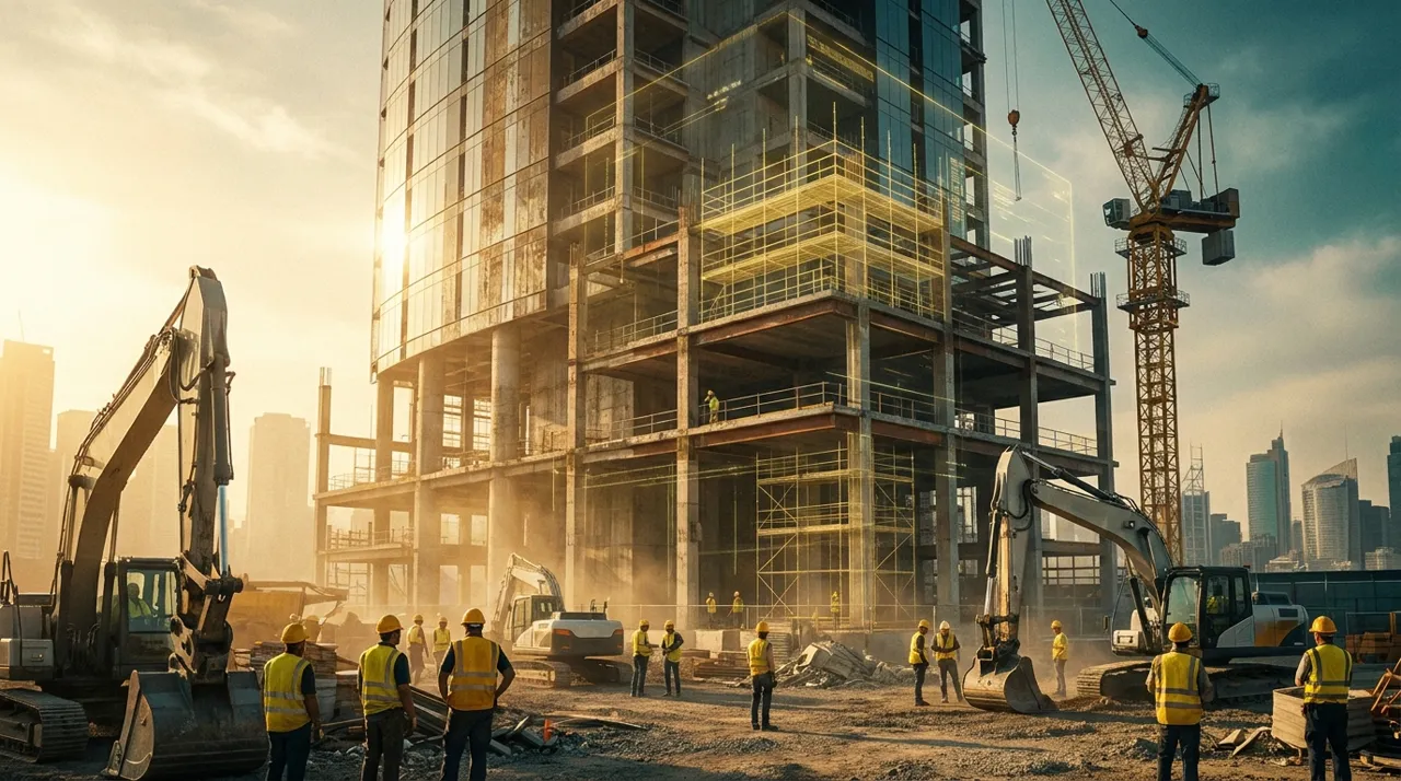 Wide establishing shot of an active Sydney construction site at golden hour with crews working across several levels, the work a newcomer is trying to get listed for