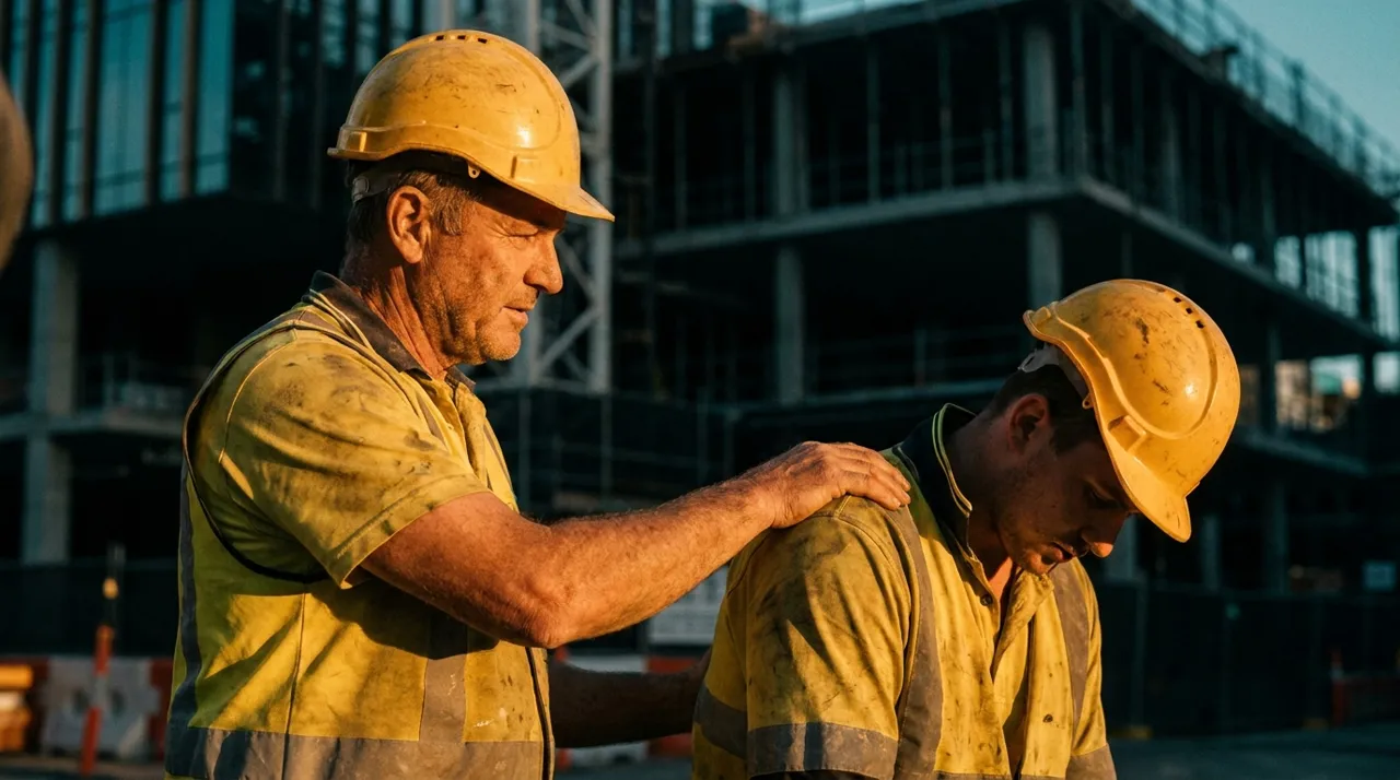 A Sydney construction worker taking a quiet moment on site, thinking through a conversation about his pay rate