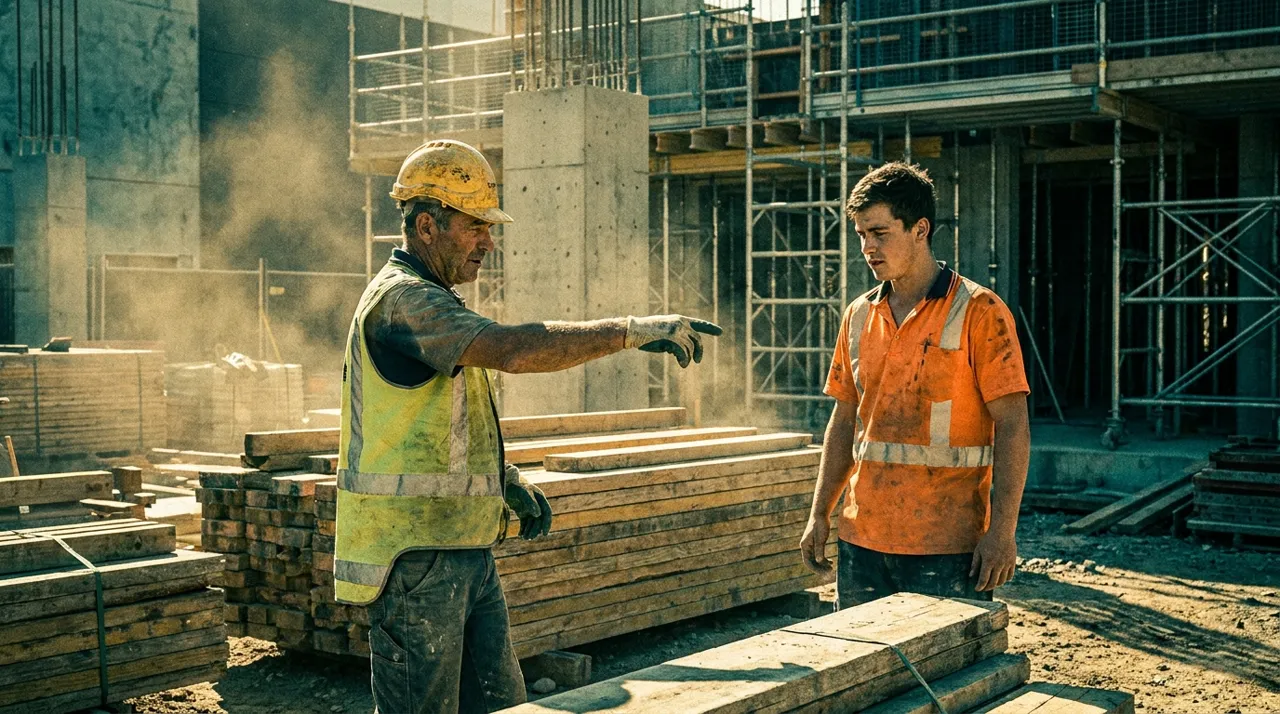 A Sydney site supervisor in a golden hard hat directing work across an active site, coordinating crews and subcontractors