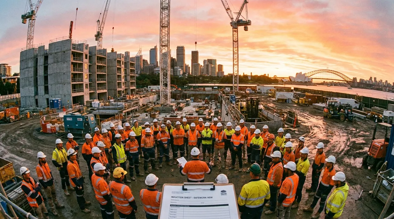 A Sydney construction worker in hi-vis standing on site mid shift, the moment a supervisor would step in and run a three layer feedback conversation about the work in front of them
