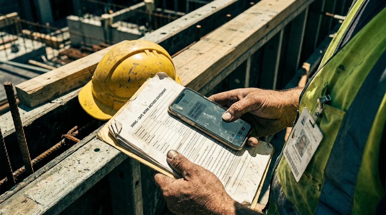 Close-up portrait of a construction worker in hi-vis listening during a morning toolbox talk on a Sydney site