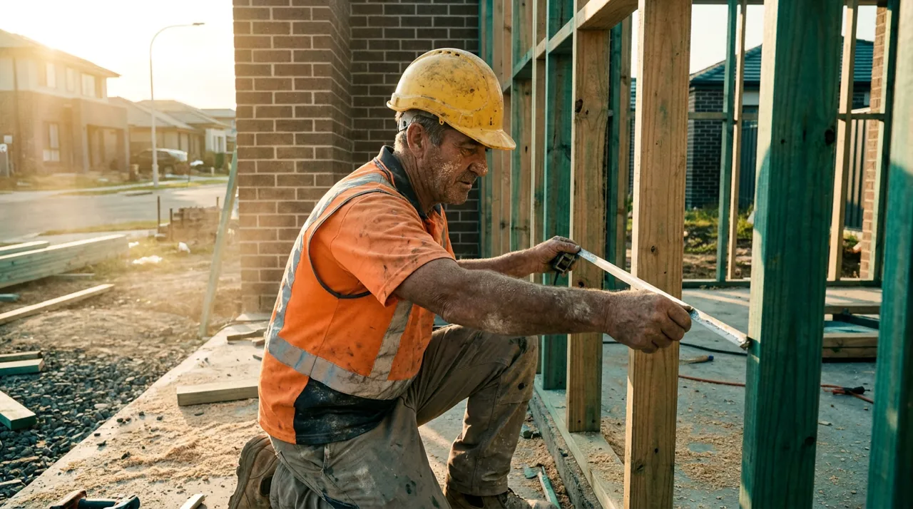 Medium shot portrait of a Sydney labourer in golden hi-vis on site, the individual worker behind the crew number that retention depends on knowing by name