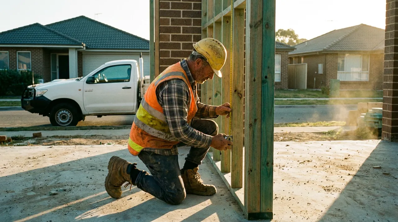 Portrait of a new construction worker in hi-vis and hard hat being welcomed onto a Sydney site and introduced to the crew