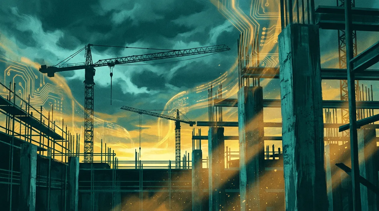 A Sydney construction site at dawn with tower cranes silhouetted against an amber sky, the early start when the toolbox talk opens the shift