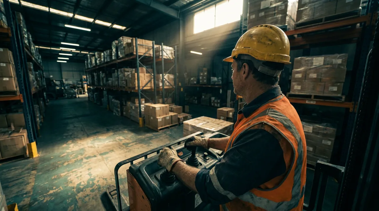 A tight over-the-shoulder shot of a single male warehouse worker mid-task, the kind of candidate a proper interview is screening for