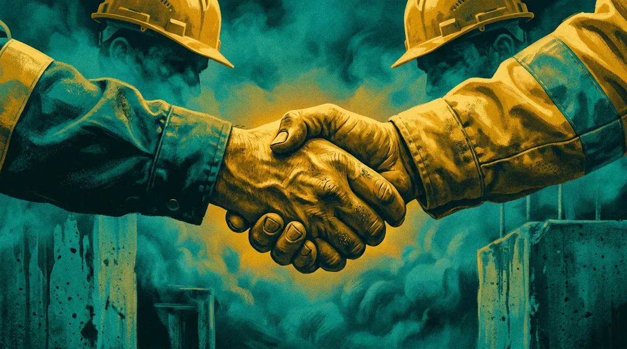 A leading hand and a dusty hi-vis worker shaking hands at the start of a shift on a Sydney construction site, the moment a toolbox talk should include the late-arriving crew