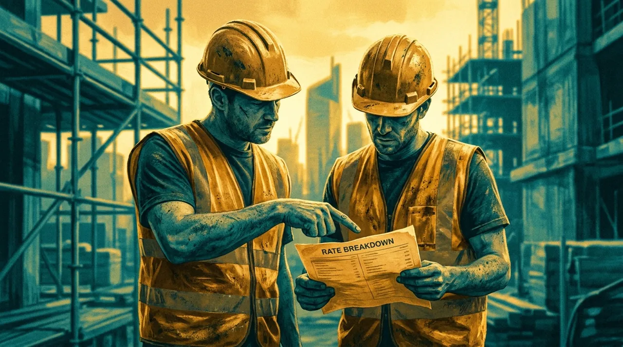 Two Sydney construction workers in scuffed golden-yellow hard hats talking on site, the crew a labour hire allocator books week to week