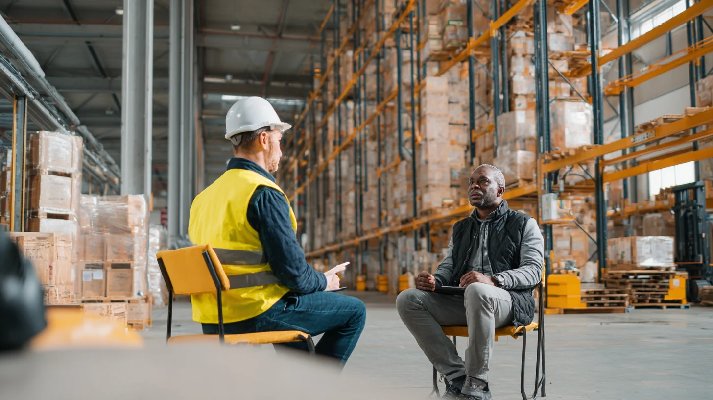 A warehouse supervisor in hi-vis sitting down one on one with a labour hire worker between the racking, the day-14 keep, move or release conversation