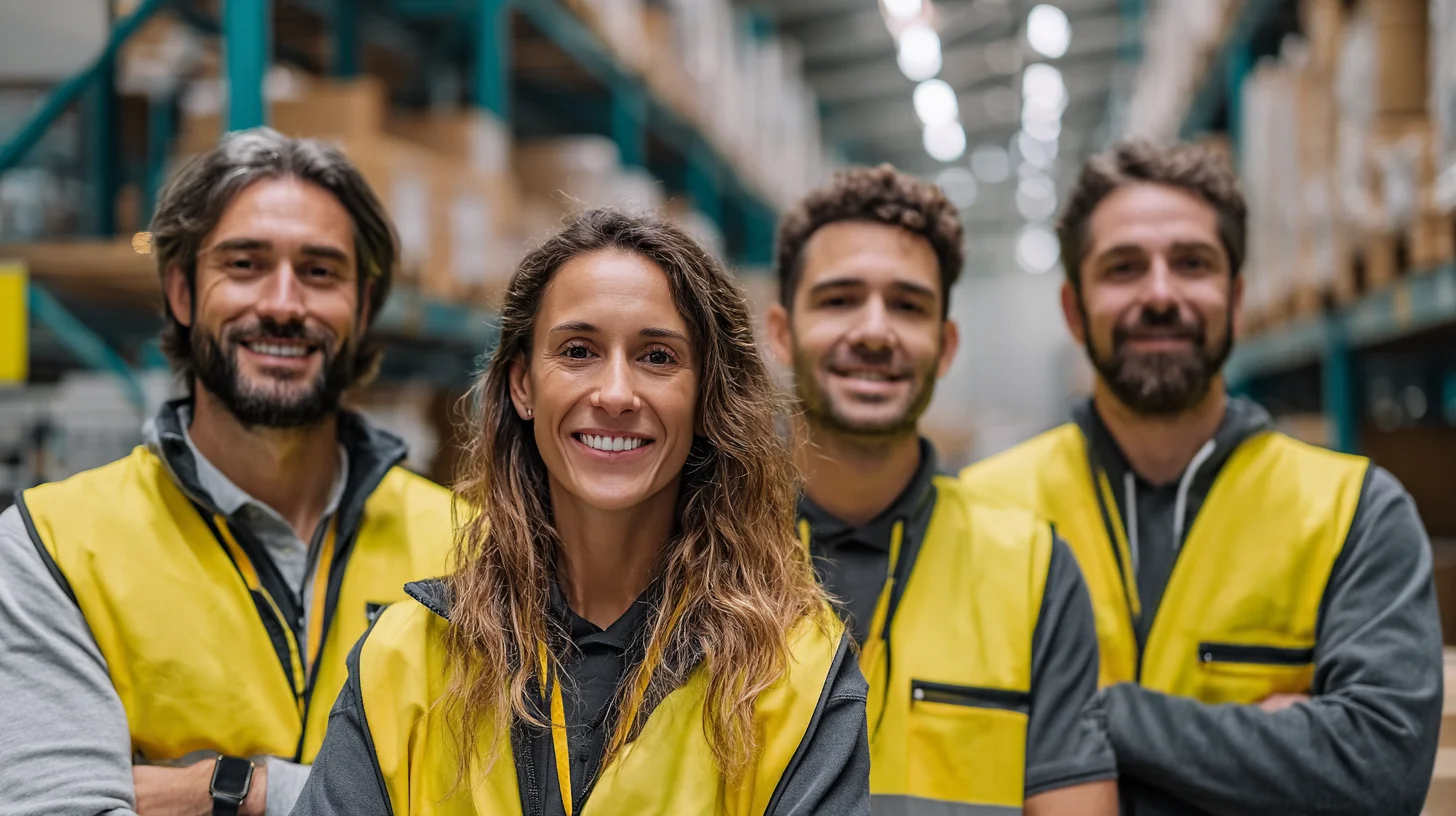 A wide unposed shot of a warehouse crew in hi-vis standing together during a morning toolbox talk, the moment where specific recognition actually lands