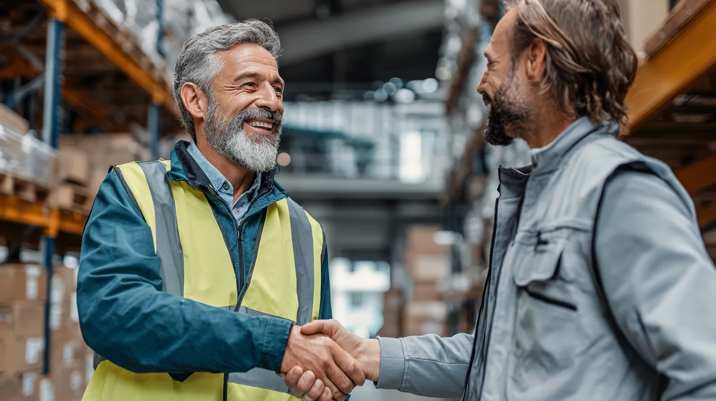 Two workers shaking hands on a Sydney site, representing the human relationship side of labour hire