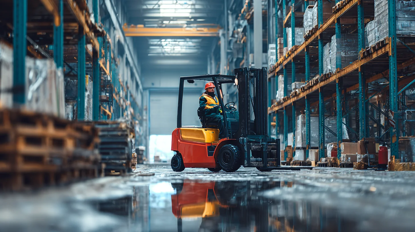 A forklift operator in golden hi-vis working a racking aisle in a Sydney distribution centre, the second rung of the warehouse career ladder