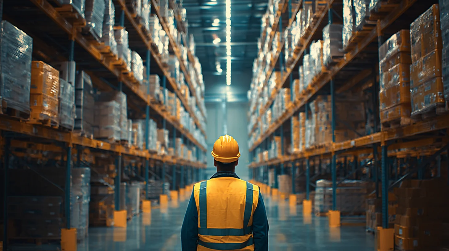 A warehouse worker in hi-vis walking a pick route between racking during a shift, learning where stock and equipment live on the floor