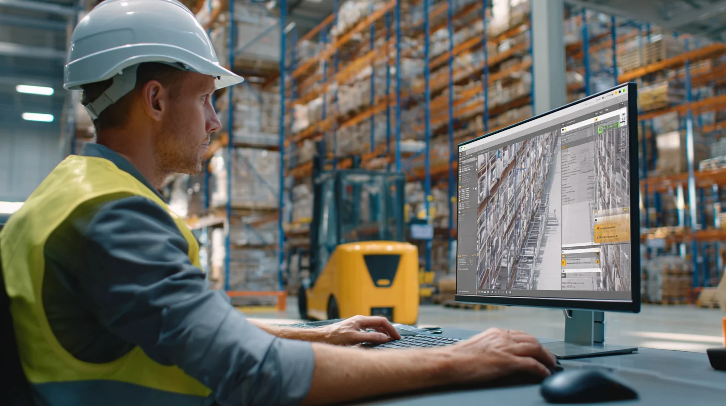 A Sydney warehouse supervisor reviewing throughput figures on a laptop on the floor, the numbers side of warehouse supervision