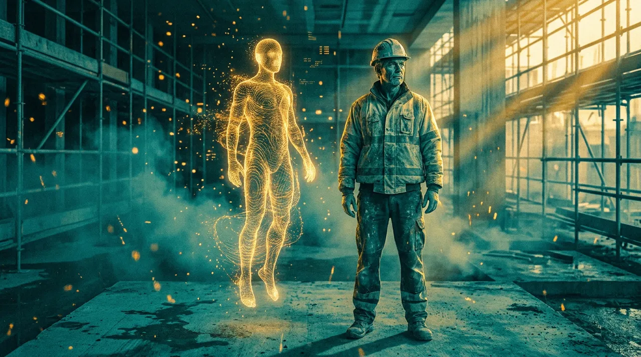 A weathered construction worker in dusty yellow hi-vis and hard hat standing at the start of a shift on a Sydney site, waiting to be told the plan