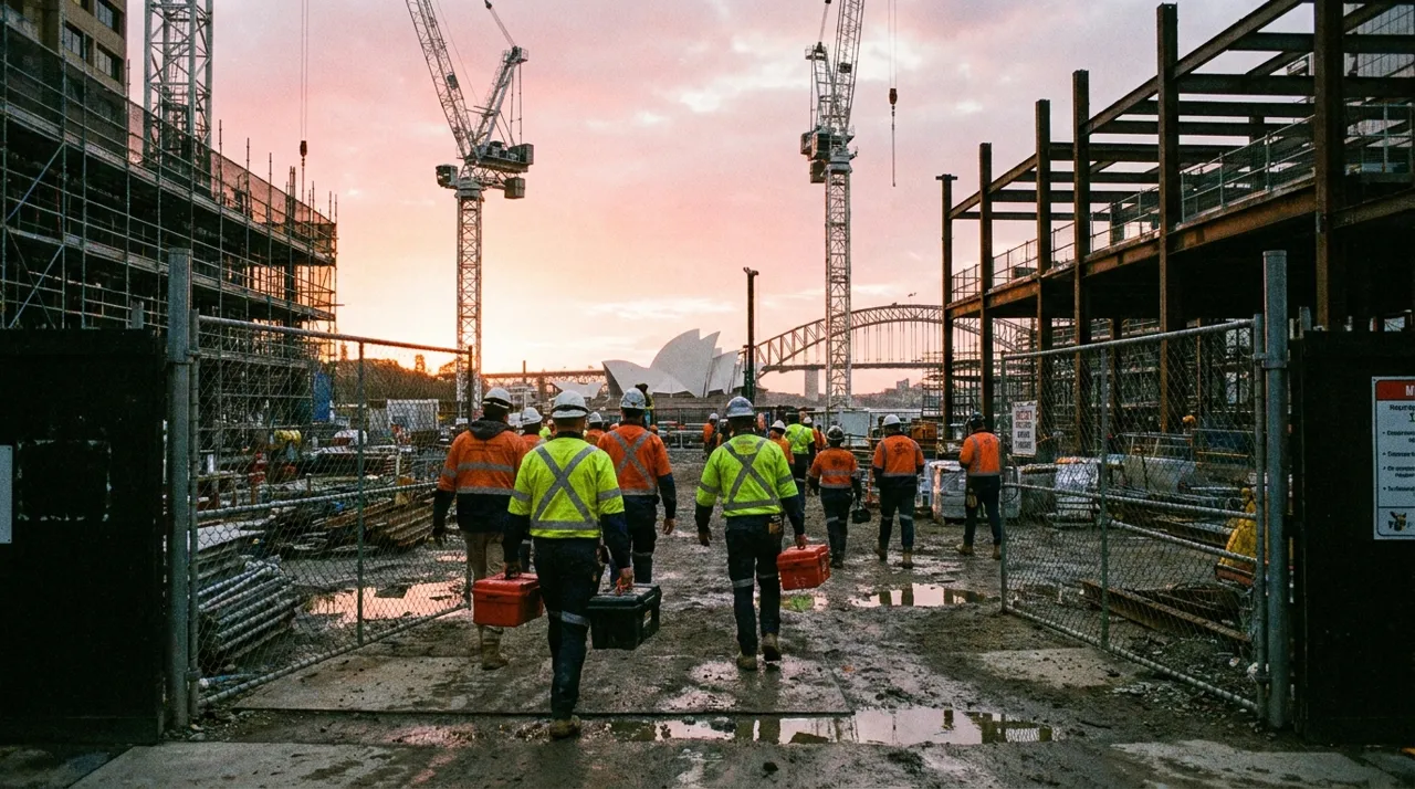 Wide shot of a Sydney CBD construction site with a full crew working across levels, the crew that watches how a placement ends