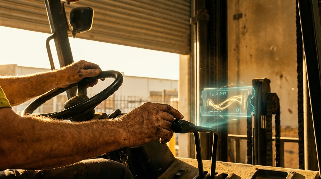 A close mid shot of an older worker's calloused hands gripping a forklift control in a dusty Sydney yard at golden hour, a faint translucent teal