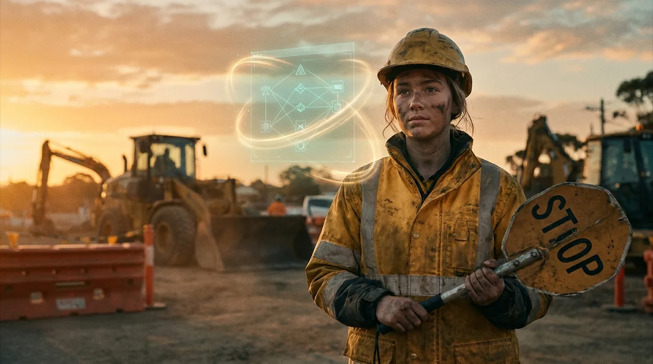 A young female traffic controller in dusty golden-yellow hi-vis holding a stop-slow bat on a Sydney roadworks site at golden hour, a faint translucent