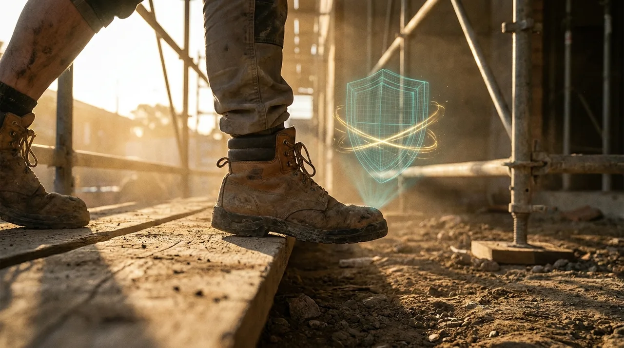 A close mid shot of a labourer's boot stepping off a scaffold plank on a dusty Sydney site at golden hour, a faint translucent teal holographic