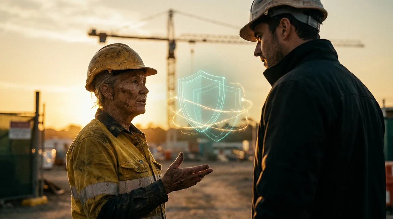 An older female site manager in dusty golden-yellow hi-vis talking with an agency rep at a Sydney site gate at golden hour, a faint translucent teal