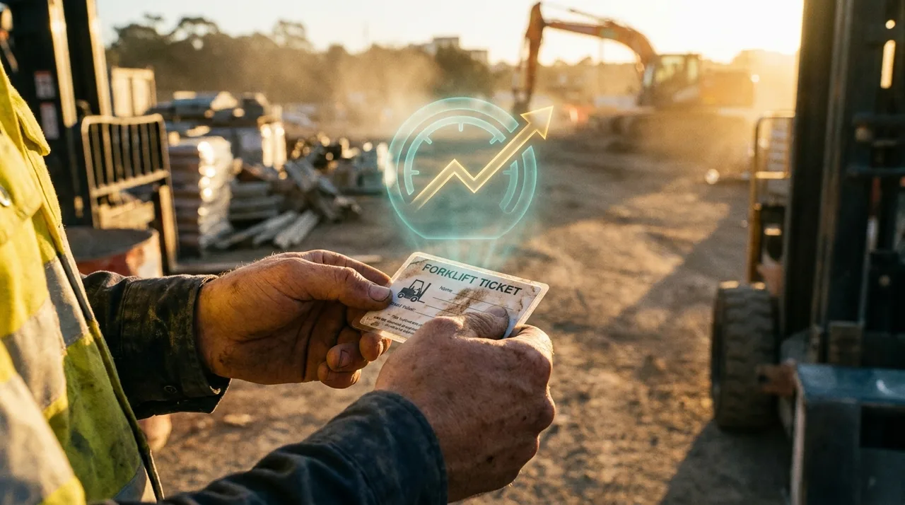 A close mid shot of a young worker's calloused hands gripping a forklift ticket card on a dusty Sydney site at golden hour, a faint translucent teal
