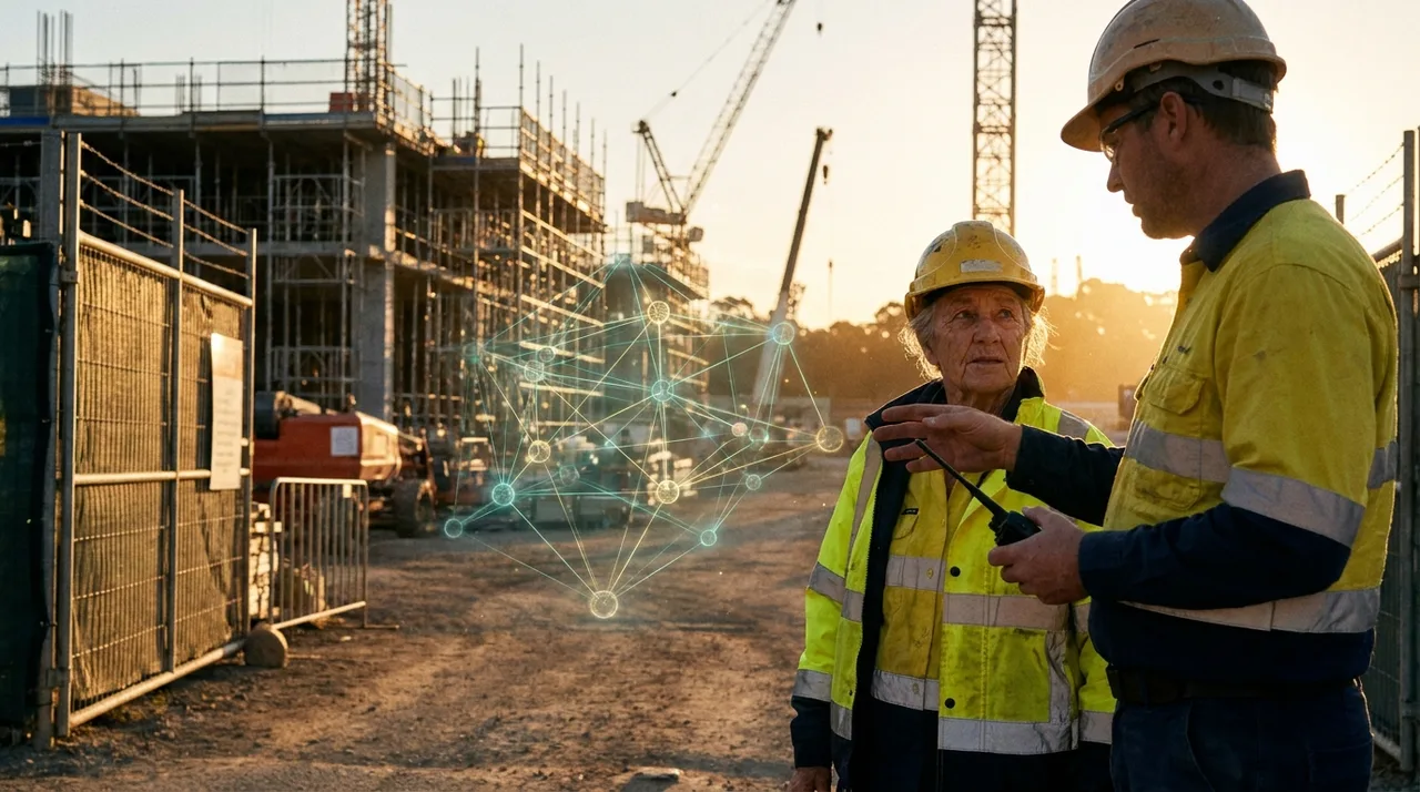 An older female leading hand in dusty golden-yellow hi-vis being requested back by a foreman at a Sydney site gate at golden hour, a faint translucent