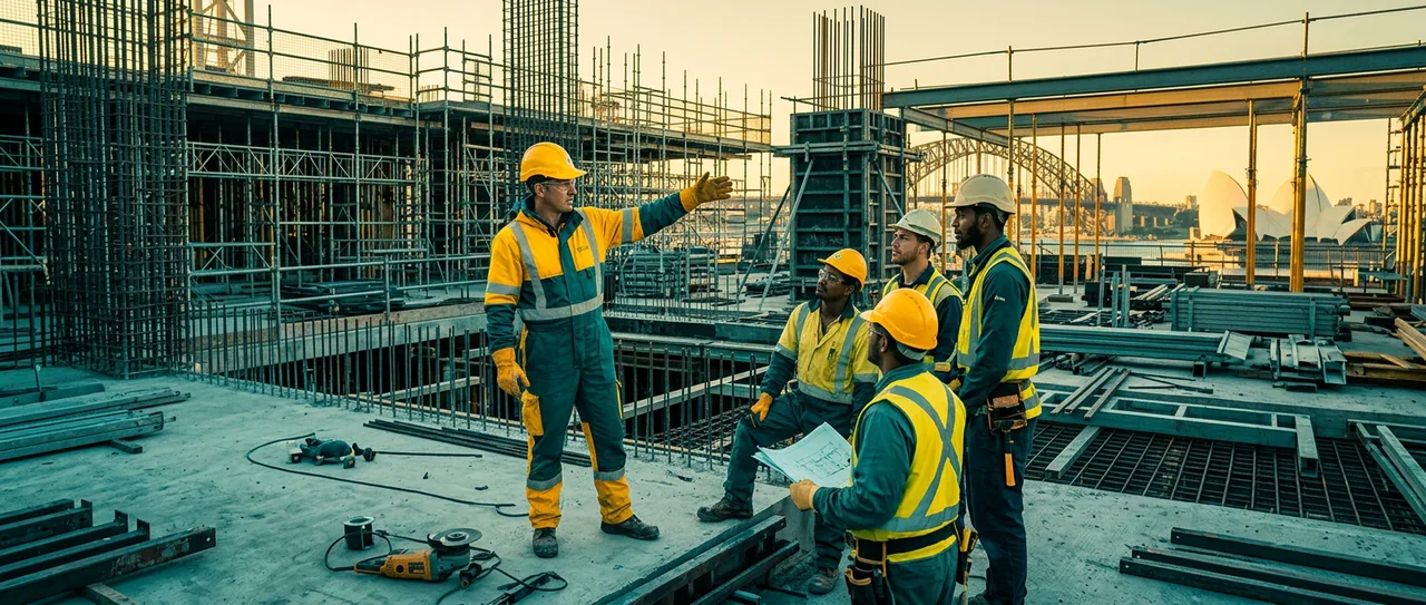 Multiple construction roles on a Sydney site — rigger, forklift operator, traffic controller, labourers — showing career path variety