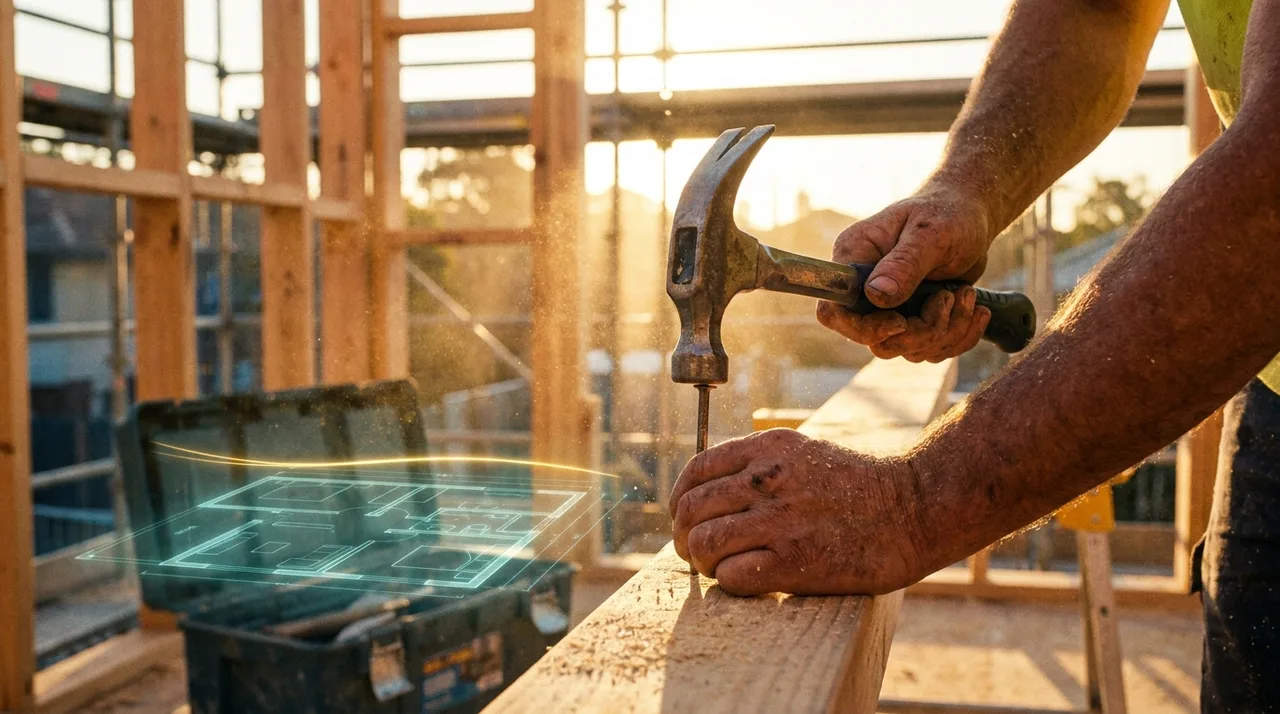 A close mid shot of a qualified carpenter's calloused hands driving a nail into timber framing on a dusty Sydney site at golden hour, a faint translucent