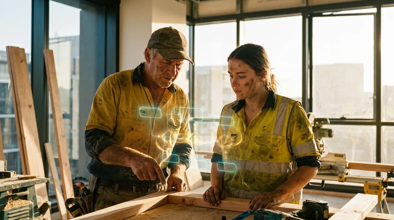 A young female carpentry apprentice in dusty golden-yellow hi-vis learning from an older tradie on a Sydney fitout at golden hour, a faint translucent