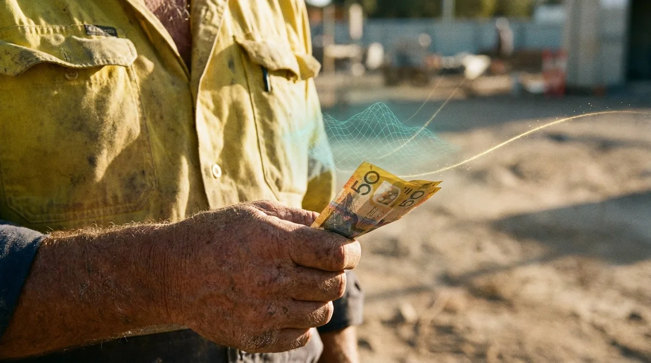 A close mid shot of an older weathered Sydney tradie's grimy hand holding a folded cash note against his dusty golden-yellow hi-vis, a faint translucent