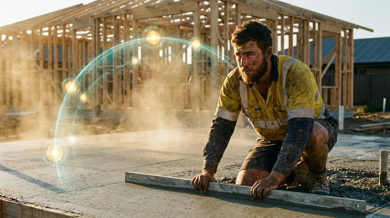 A young weathered Sydney concreter in dusty golden-yellow hi-vis kneeling on a freshly poured slab at golden hour, screed in hand, a faint translucent