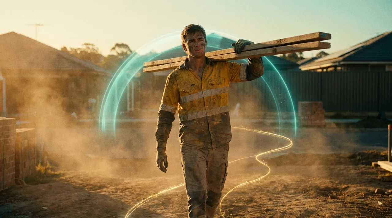 A young weathered Sydney casual labourer in dusty golden-yellow hi-vis shouldering timber across a residential site at golden hour, a faint translucent