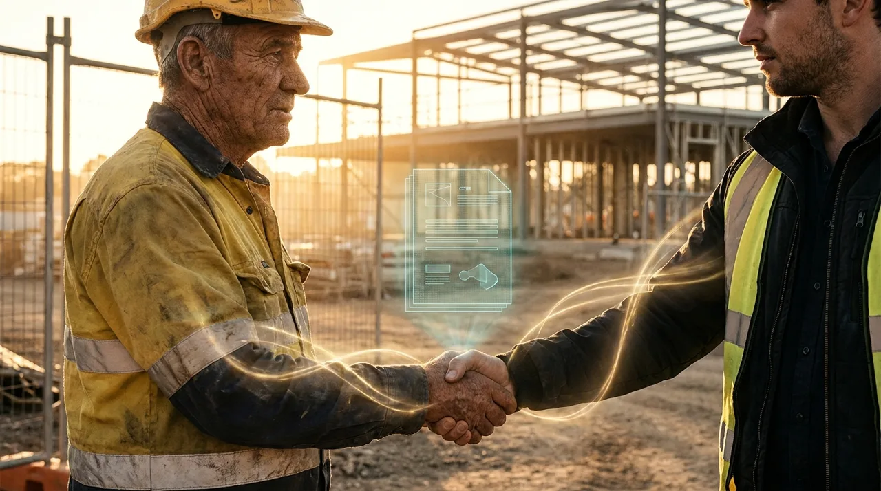A handshake between an older weathered Sydney foreman in dusty golden-yellow hi-vis and an agency allocator at a site gate at golden hour, a faint