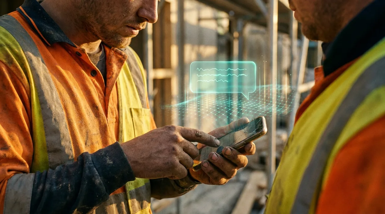 A close mid shot of a young weathered Sydney tradie's grimy thumb tapping a phone screen on site, a vivid translucent teal holographic chatbot