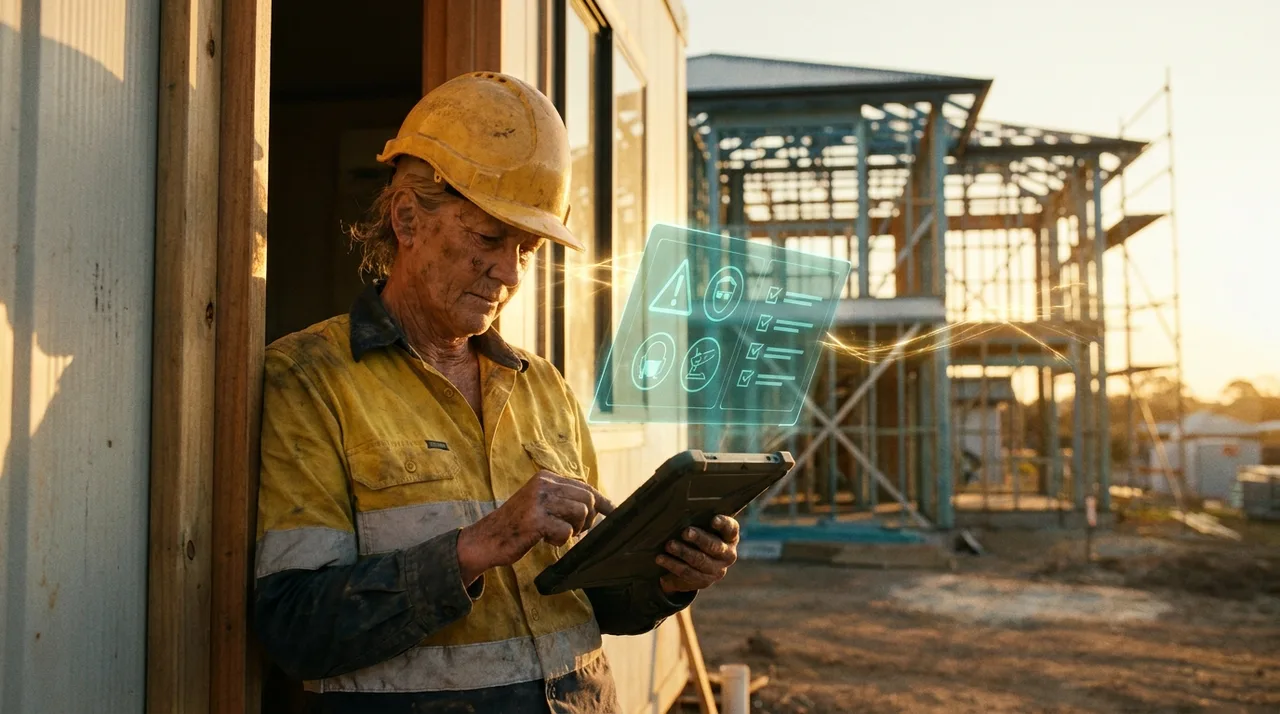 An older weathered female Sydney site worker in dusty golden-yellow hi-vis completing a digital induction on a rugged tablet at the site office door, a