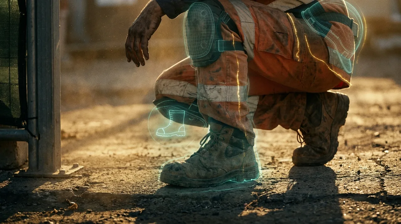 A close mid shot of a weathered Sydney labourer's scuffed steel-cap boots and dusty hi-vis at the site gate at dawn, a faint translucent teal holographic