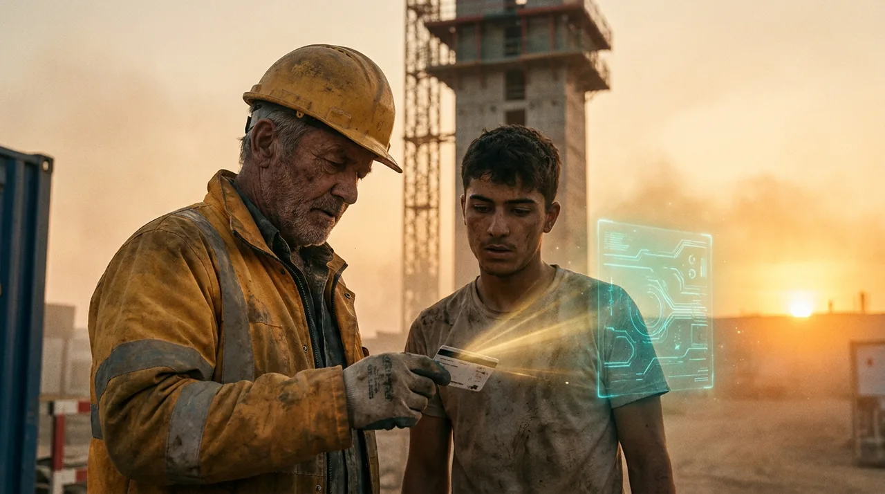 An older weathered Sydney foreman in dusty golden-yellow hi-vis checking a new labourer's white card at the gate at first light, a faint translucent teal