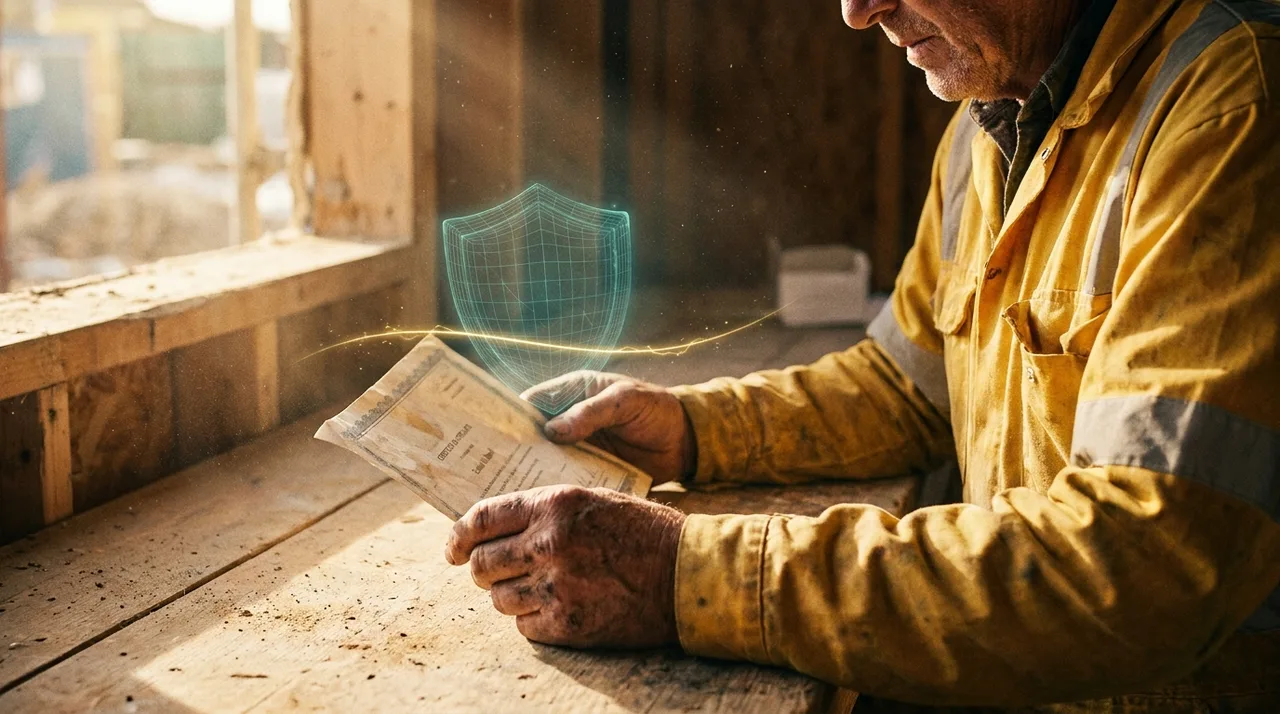 A close mid shot of an older weathered Sydney supervisor's grimy hands reviewing a certificate-of-currency document at a site bench, dust on his dusty