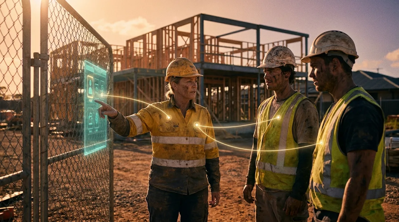 A female weathered Sydney site supervisor in dusty golden-yellow hi-vis inducting a verified labour-hire crew at the gate at golden hour, a faint