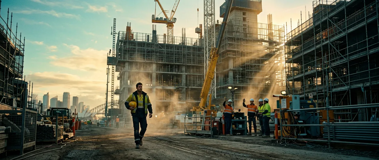 Construction worker arriving confidently at a Sydney building site at dawn — reliability and same-day deployment