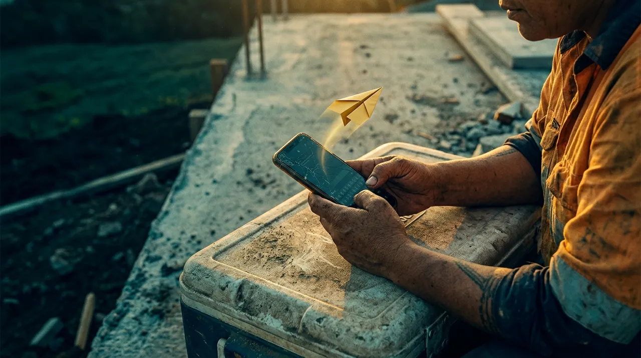 A labourer's hands typing a quick reply on a phone resting on an esky, the fast way to decline a labour hire shift