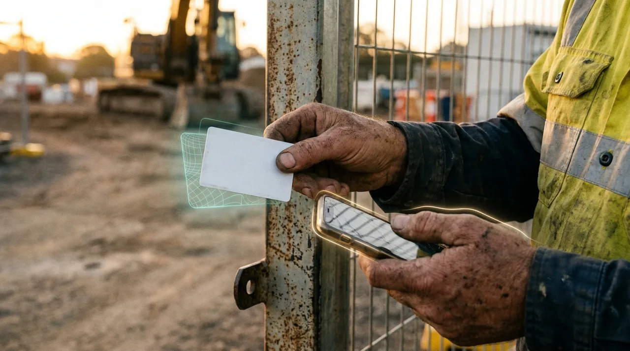 A close mid shot of a weathered Sydney worker's calloused hands holding a white induction card and a phone at a site gate, warm golden light, a faint
