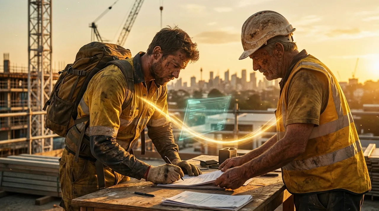 A backpacker labourer in dusty golden-yellow hi-vis being signed onto a Sydney site by a foreman at golden hour, both at a site office desk, one faint