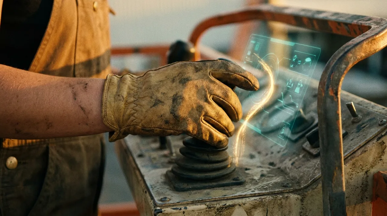 A close mid shot of a young female operator's gloved hand on a boom-lift joystick control panel, warm golden light