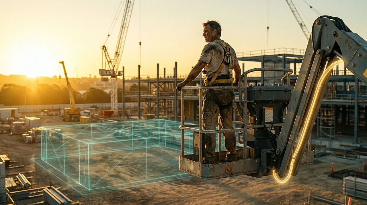 A weathered EWP operator harnessed in a raised boom basket high over a Sydney site at golden hour, looking out across cranes