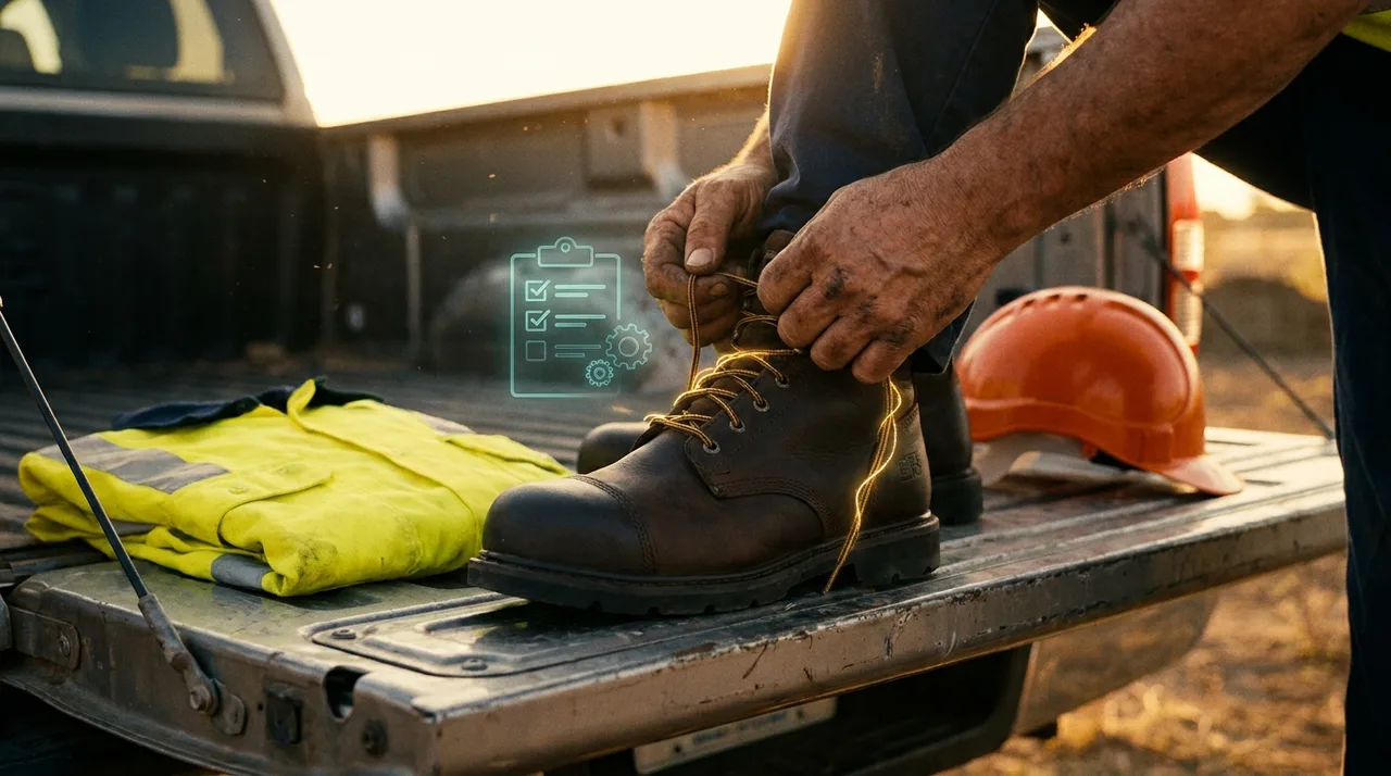 A close mid shot of a new worker's hands lacing up fresh steel-cap boots on a tailgate beside a hi-vis shirt and hard hat at golden hour, warm light, a