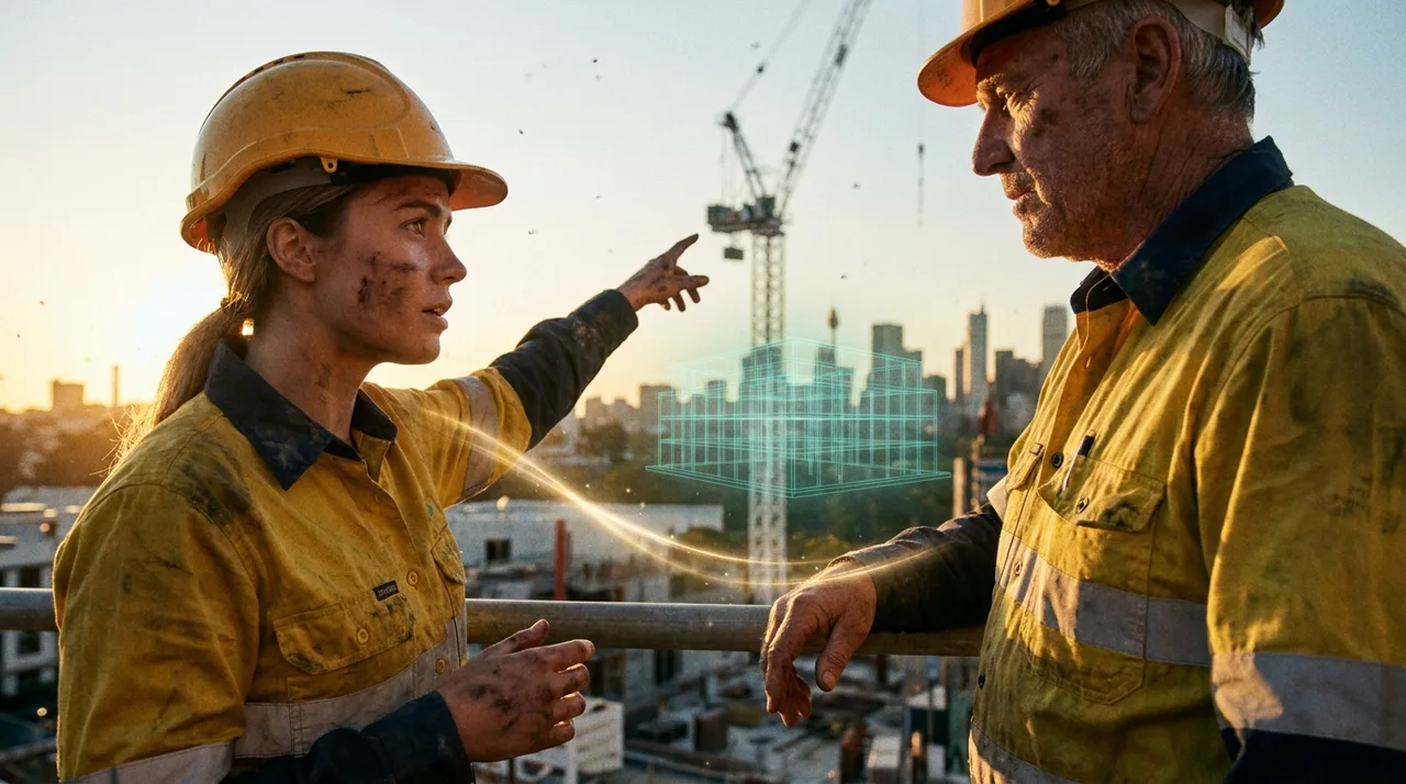 A young female first-day labourer in golden-yellow hi-vis listening attentively to a weathered leading hand pointing across a Sydney site at golden hour