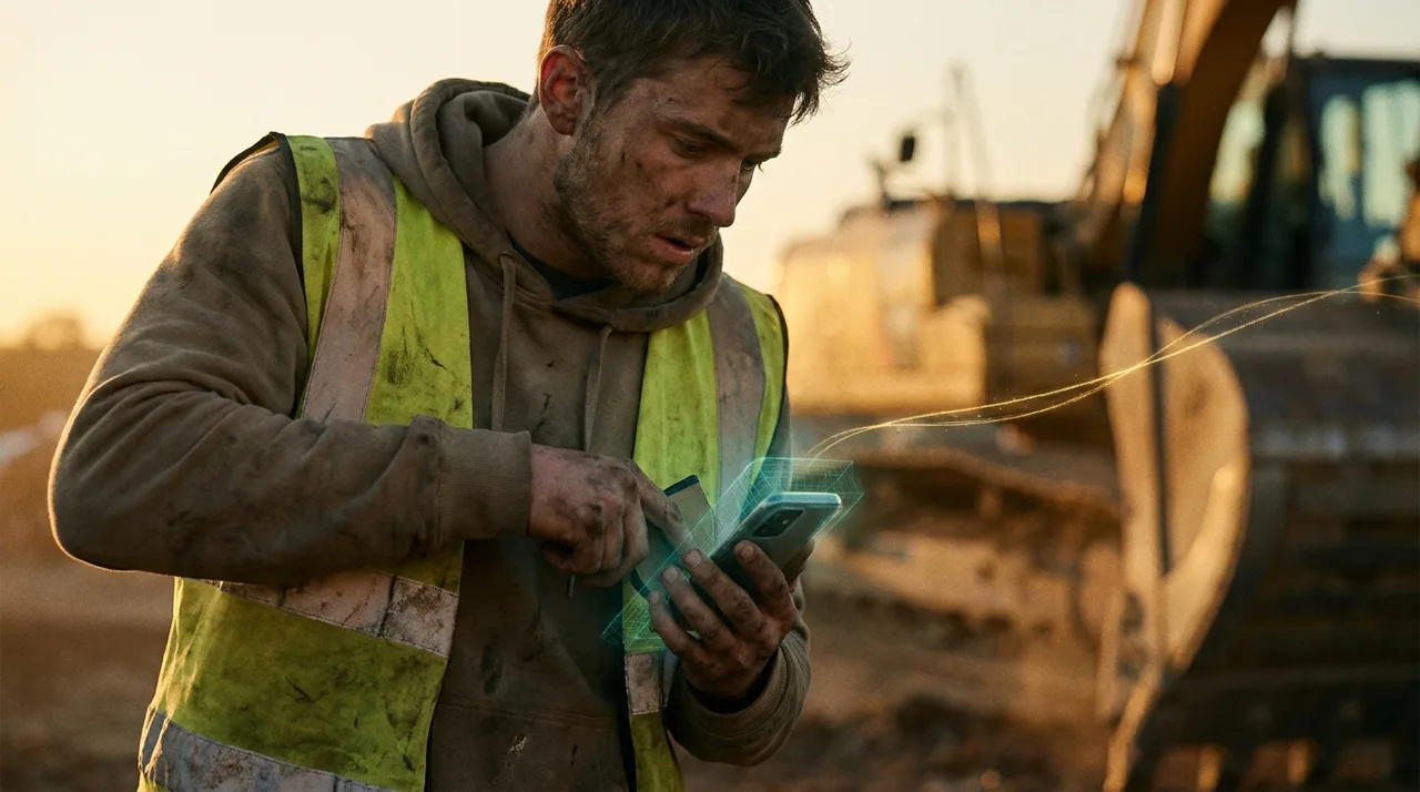 A close mid shot of a young labourer sneaking a phone out of his hi-vis pocket near moving site plant at golden hour, warm light, a faint translucent teal