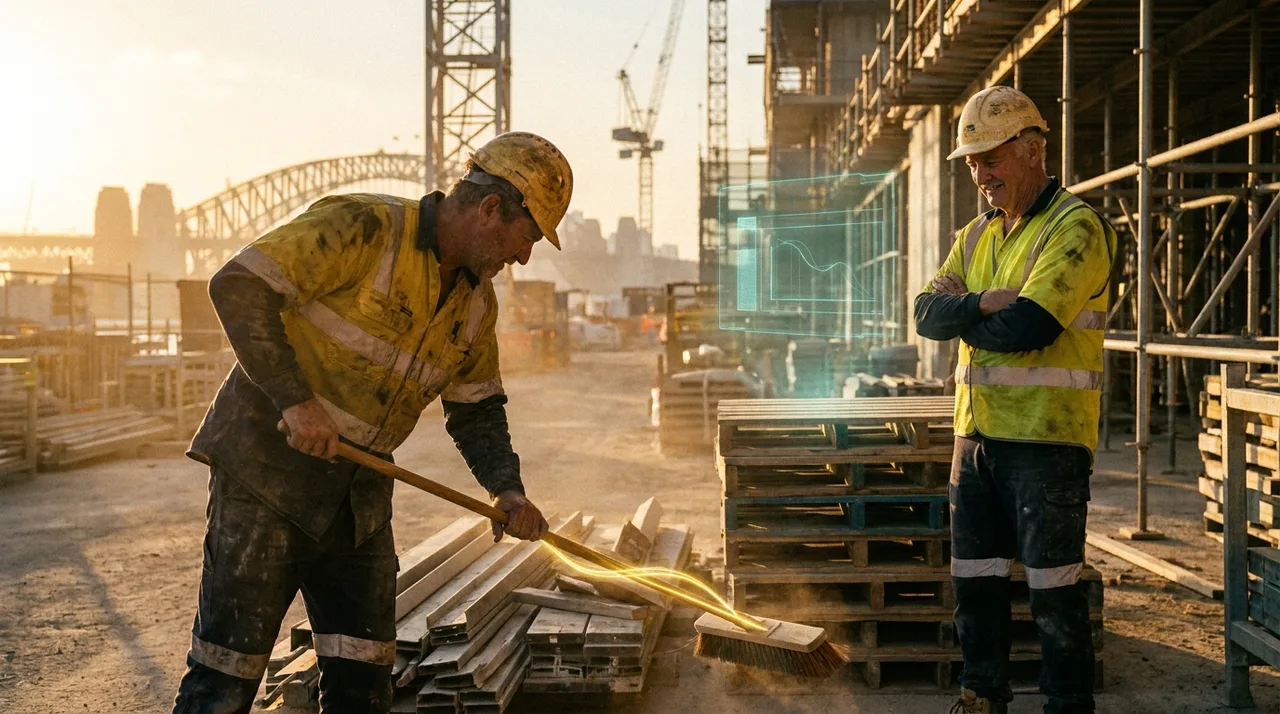 A switched-on worker in golden-yellow hi-vis sweeping and stacking materials during downtime while a leading hand nods approval on a Sydney site at golden